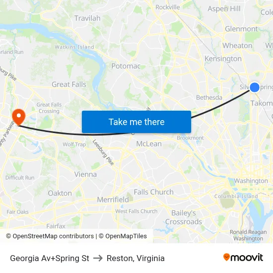 Georgia Av+Spring St to Reston, Virginia map