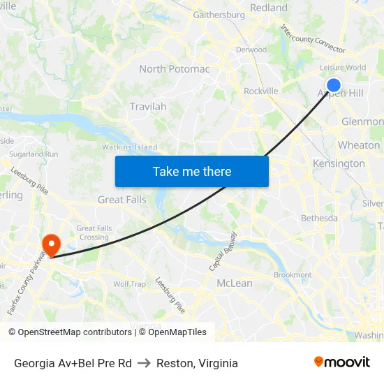 Georgia Av+Bel Pre Rd to Reston, Virginia map