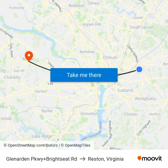 Glenarden Pkwy+Brightseat Rd to Reston, Virginia map