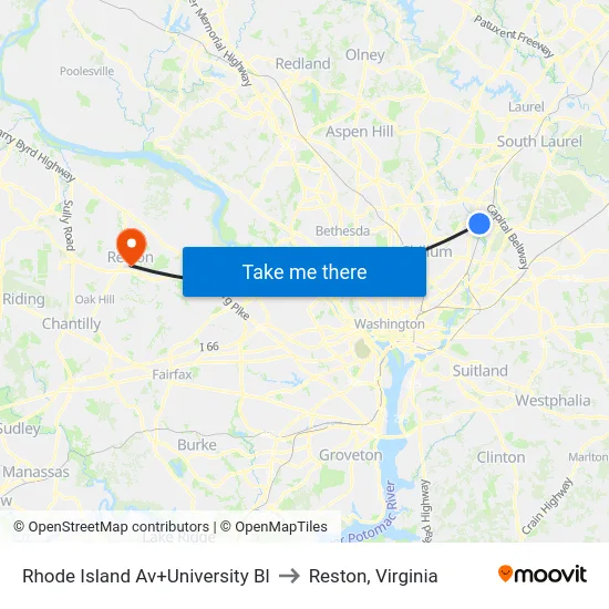 Rhode Island Av+University Bl to Reston, Virginia map