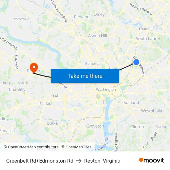 Greenbelt Rd+Edmonston Rd to Reston, Virginia map