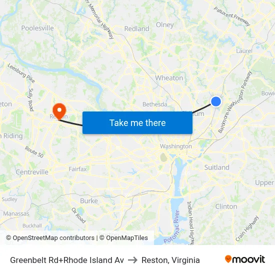 Greenbelt Rd+Rhode Island Av to Reston, Virginia map