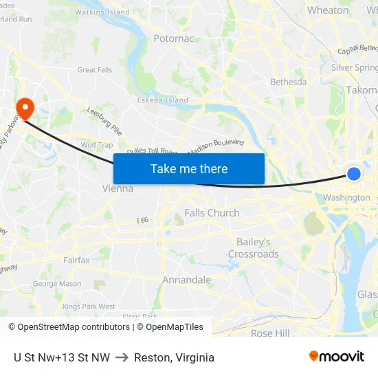 U St Nw+13 St NW to Reston, Virginia map