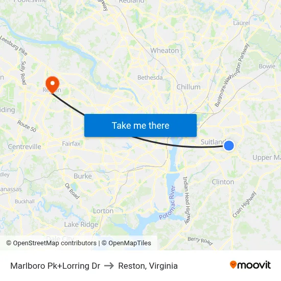 Marlboro Pk+Lorring Dr to Reston, Virginia map