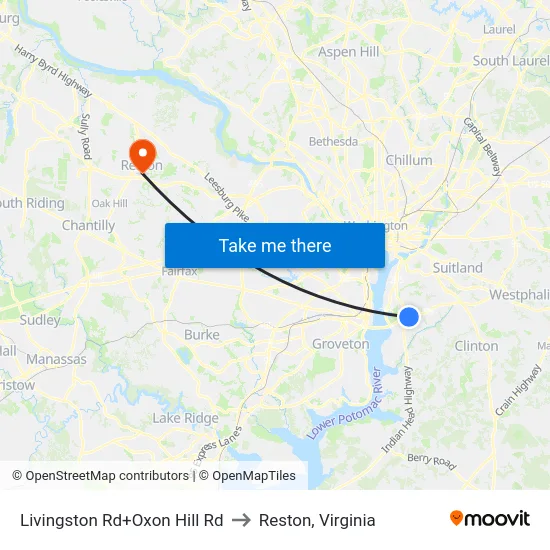 Livingston Rd+Oxon Hill Rd to Reston, Virginia map