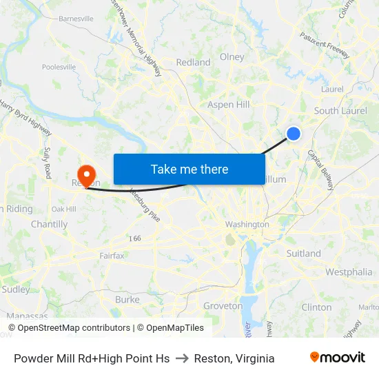 Powder Mill Rd+High Point Hs to Reston, Virginia map