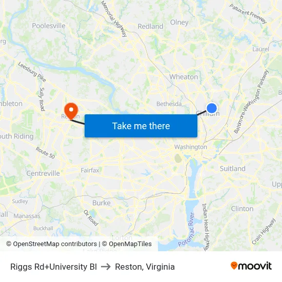 Riggs Rd+University Bl to Reston, Virginia map