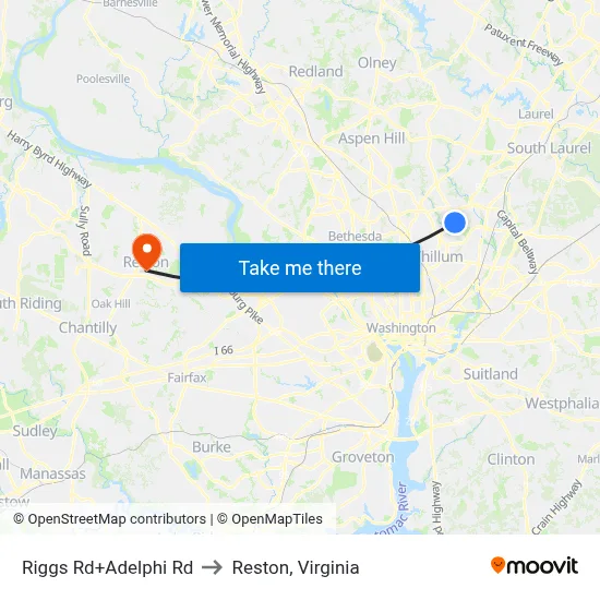 Riggs Rd+Adelphi Rd to Reston, Virginia map