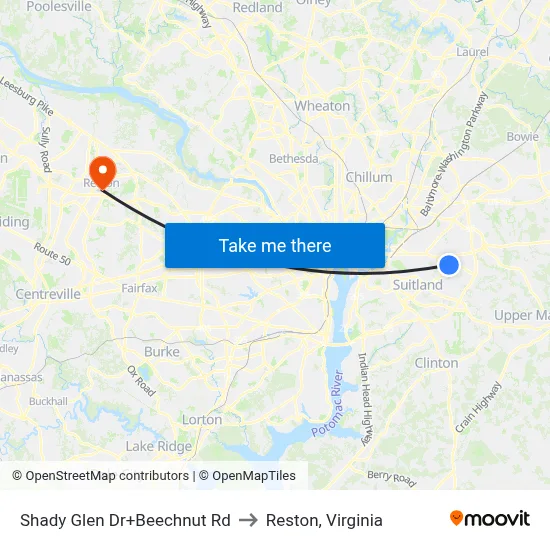 Shady Glen Dr+Beechnut Rd to Reston, Virginia map