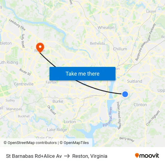 St Barnabas Rd+Alice Av to Reston, Virginia map