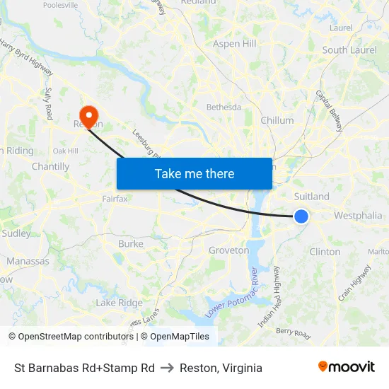 St Barnabas Rd+Stamp Rd to Reston, Virginia map