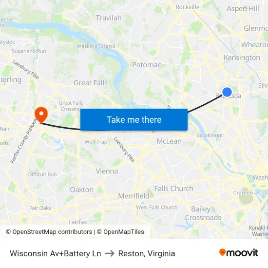 Wisconsin Av+Battery Ln to Reston, Virginia map