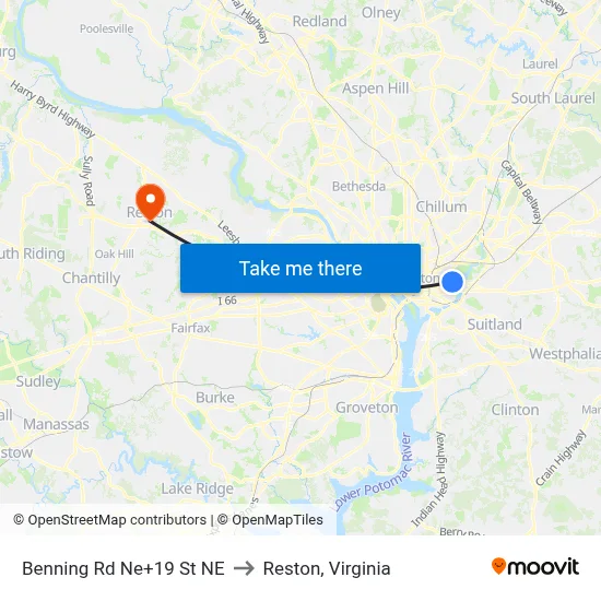 Benning Rd Ne+19 St NE to Reston, Virginia map