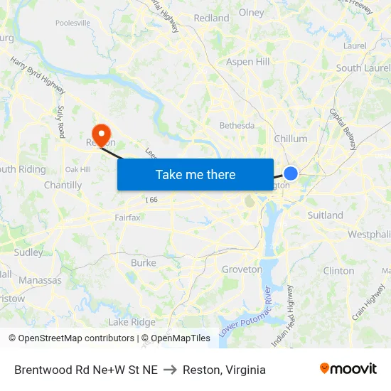 Brentwood Rd Ne+W St NE to Reston, Virginia map