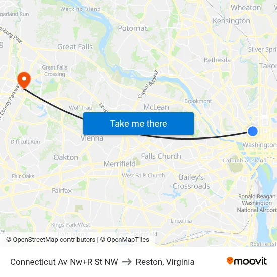 Connecticut Av Nw+R St NW to Reston, Virginia map