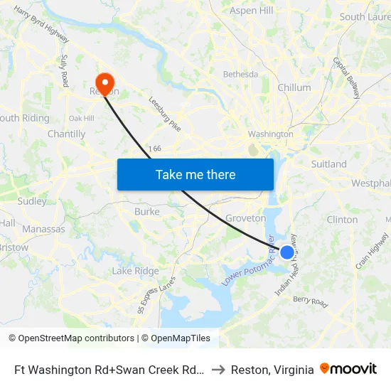 Ft Washington Rd+Swan Creek Rd E to Reston, Virginia map