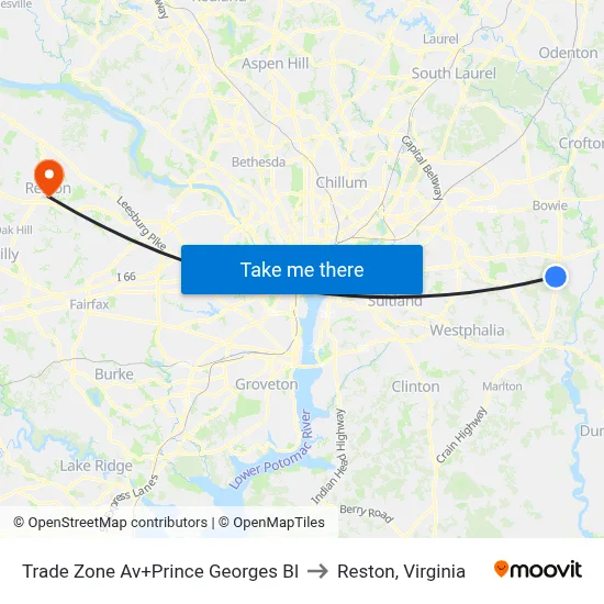 Trade Zone Av+Prince Georges Bl to Reston, Virginia map