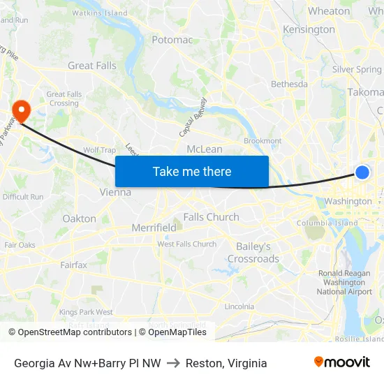 Georgia Av Nw+Barry Pl NW to Reston, Virginia map
