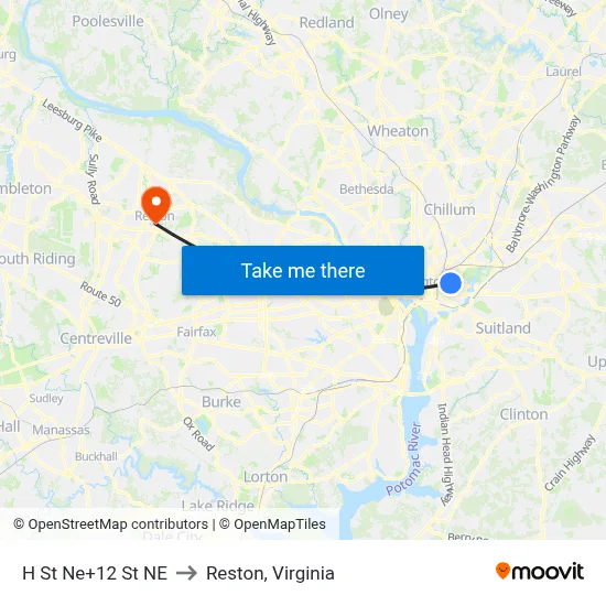 H St Ne+12 St NE to Reston, Virginia map