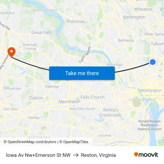 Iowa Av Nw+Emerson St NW to Reston, Virginia map