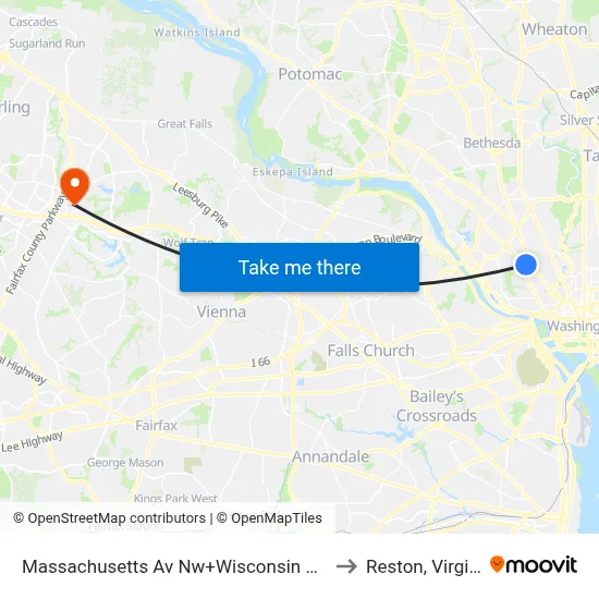 Massachusetts Av Nw+Wisconsin Av NW to Reston, Virginia map