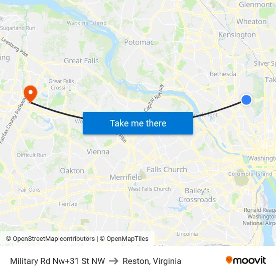 Military Rd Nw+31 St NW to Reston, Virginia map