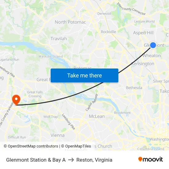 Glenmont Station & Bay A to Reston, Virginia map