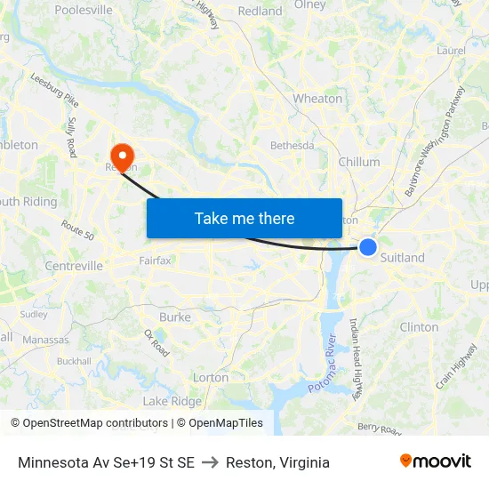 Minnesota Av Se+19 St SE to Reston, Virginia map