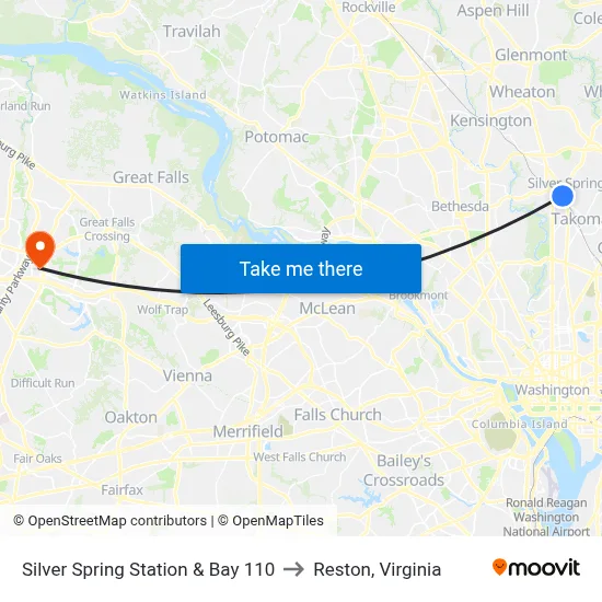 Silver Spring Station & Bay 110 to Reston, Virginia map