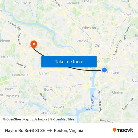 Naylor Rd Se+S St SE to Reston, Virginia map