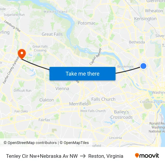 Tenley Cir Nw+Nebraska Av NW to Reston, Virginia map