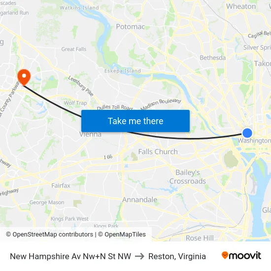 New Hampshire Av Nw+N St NW to Reston, Virginia map