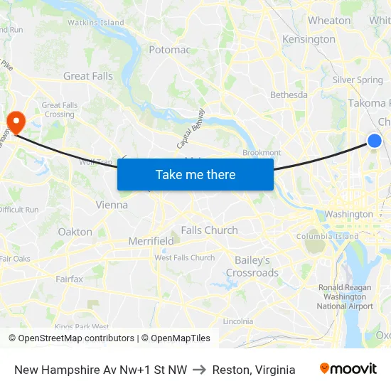 New Hampshire Av Nw+1 St NW to Reston, Virginia map