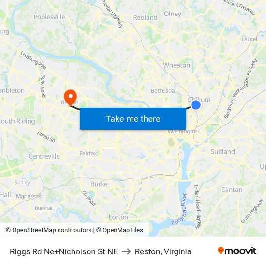 Riggs Rd Ne+Nicholson St NE to Reston, Virginia map
