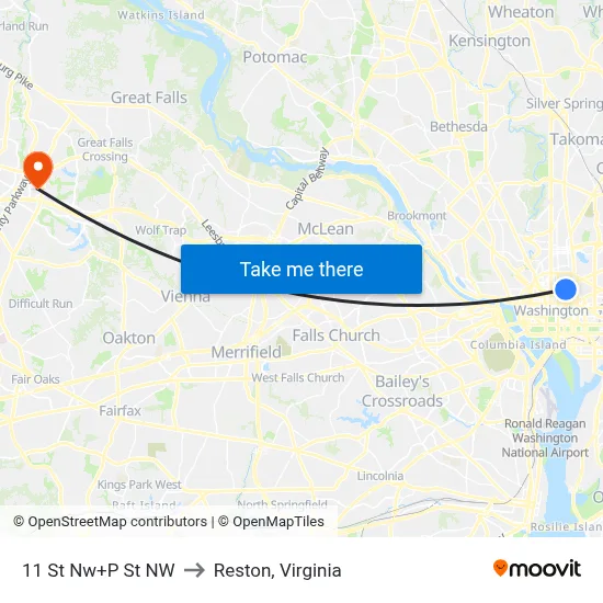 11 St Nw+P St NW to Reston, Virginia map