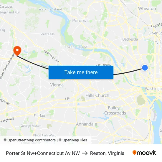 Porter St Nw+Connecticut Av NW to Reston, Virginia map