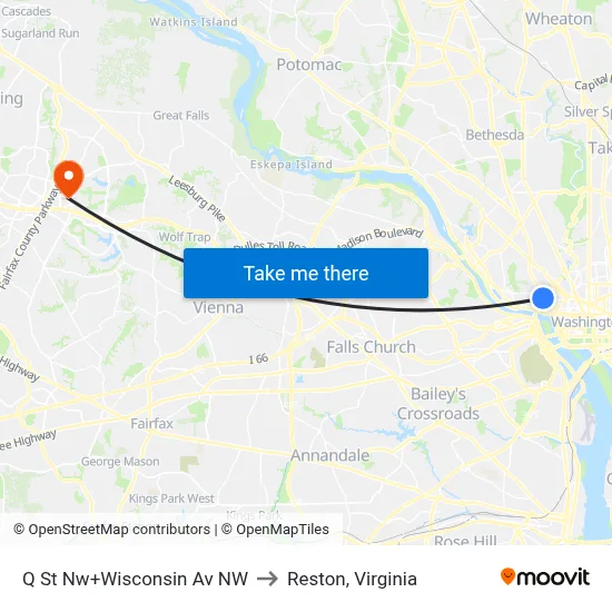 Q St Nw+Wisconsin Av NW to Reston, Virginia map