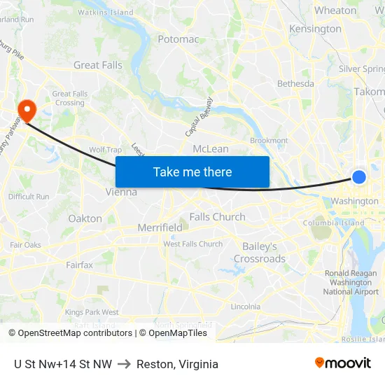 U St Nw+14 St NW to Reston, Virginia map