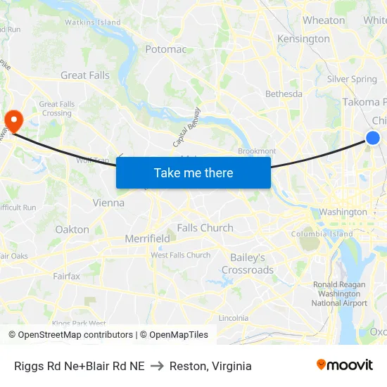 Riggs Rd Ne+Blair Rd NE to Reston, Virginia map