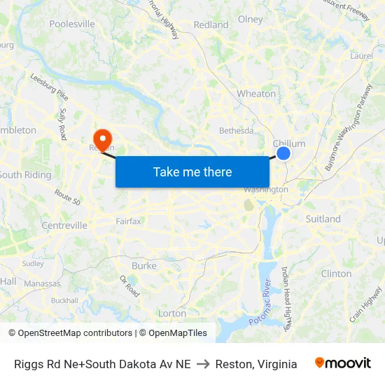 Riggs Rd Ne+South Dakota Av NE to Reston, Virginia map
