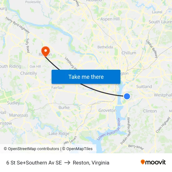 6 St Se+Southern Av SE to Reston, Virginia map