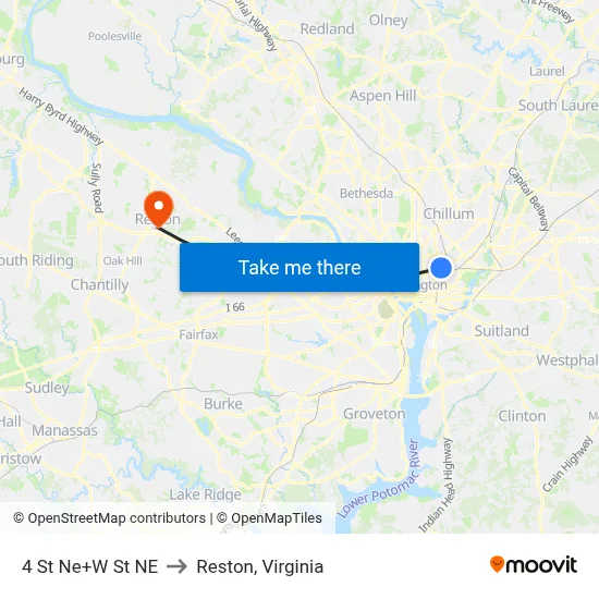 4 St Ne+W St NE to Reston, Virginia map