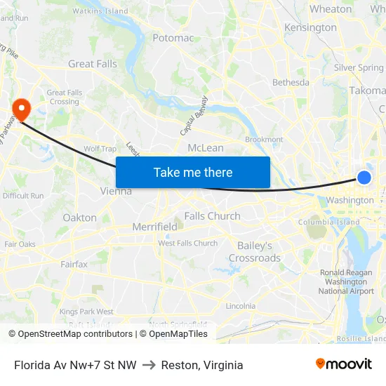Florida Av Nw+7 St NW to Reston, Virginia map