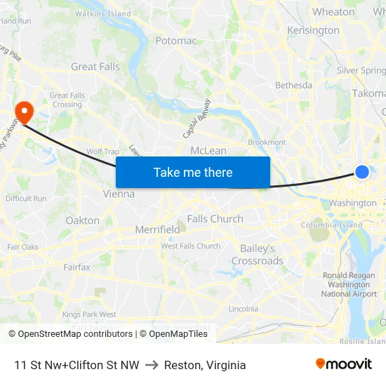 11 St Nw+Clifton St NW to Reston, Virginia map