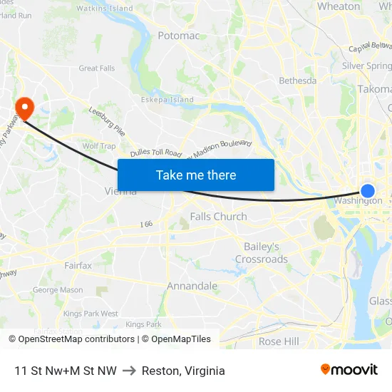 11 St Nw+M St NW to Reston, Virginia map
