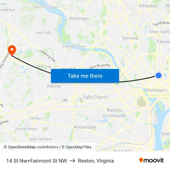 14 St Nw+Fairmont St NW to Reston, Virginia map