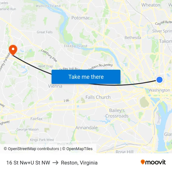 16 St Nw+U St NW to Reston, Virginia map