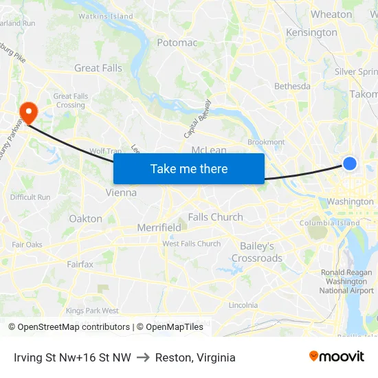 Irving St Nw+16 St NW to Reston, Virginia map