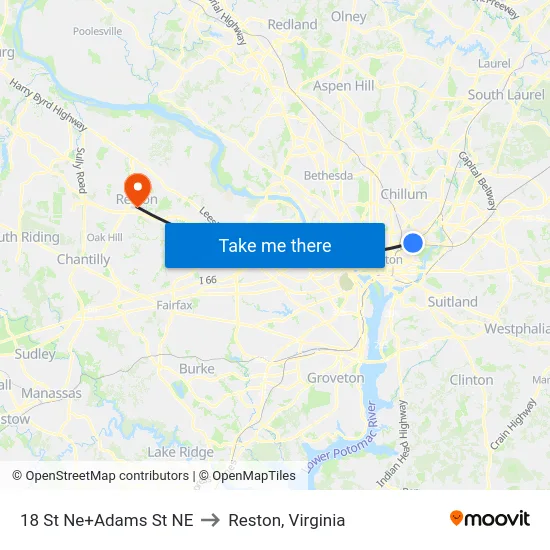 18 St Ne+Adams St NE to Reston, Virginia map