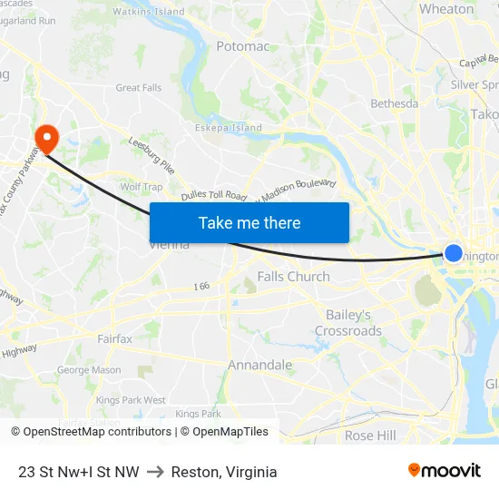23 St Nw+I St NW to Reston, Virginia map